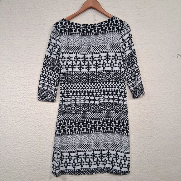 Mossimo Black White Print Dress Women's Size S 3/4 Sleeve Knee Length Casual - Picture 2 of 9